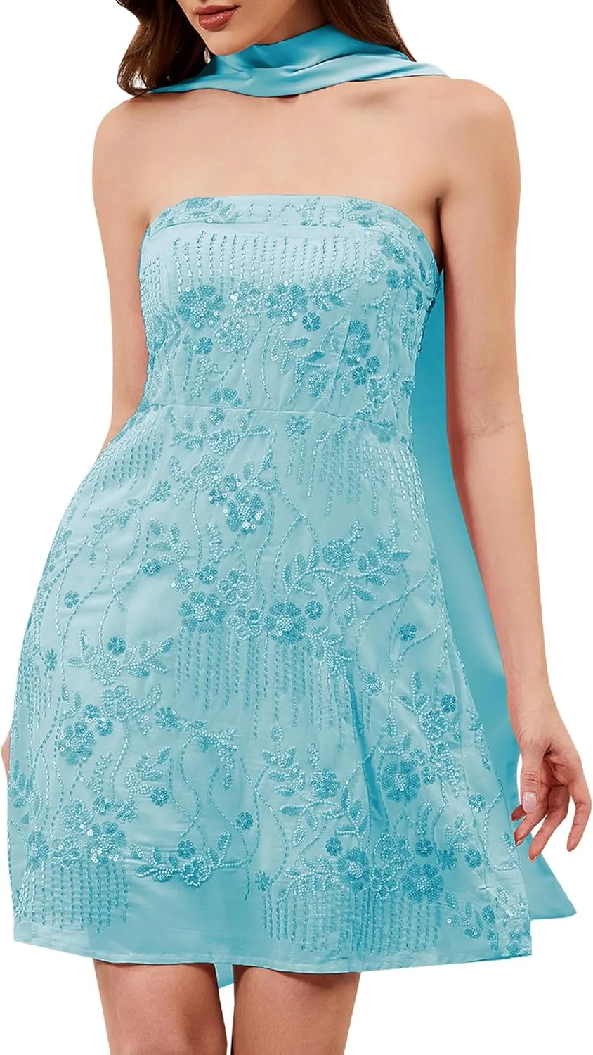 Women Strapless Sequin Mini Dress with Scarf Summer Formal Homecoming Cocktail Tube Floral Short Dress