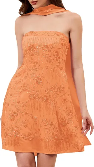 Women Strapless Sequin Mini Dress with Scarf Summer Formal Homecoming Cocktail Tube Floral Short Dress
