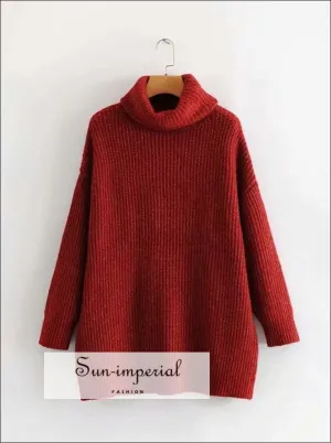 Women Wine Red Oversized Turtleneck Loose Pullovers Jumper Soft Warm Sweater