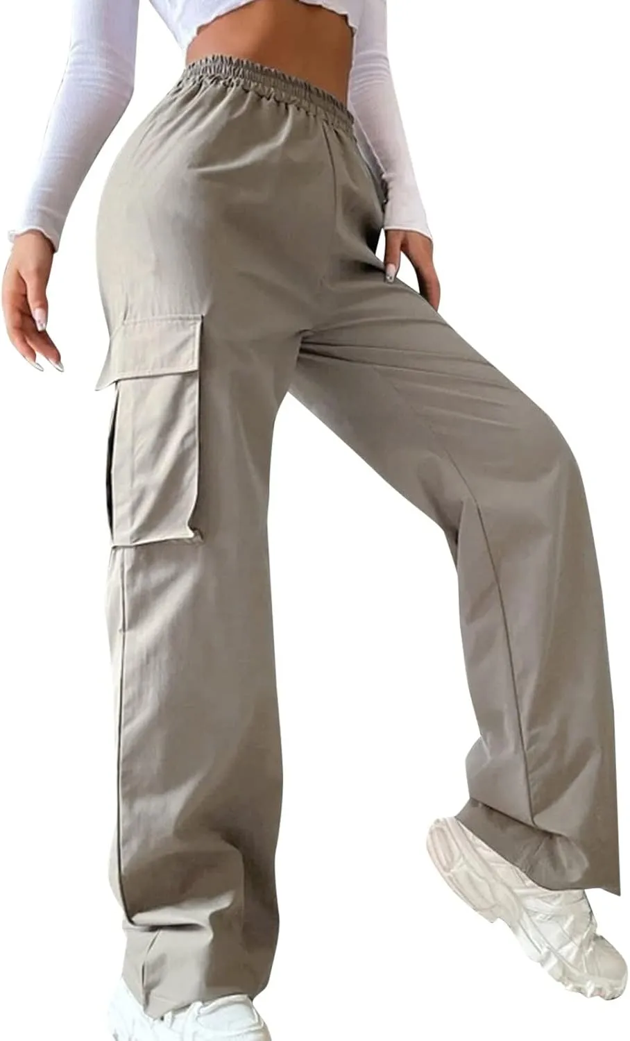 Women's Cargo Pants Y2K Elastic High Waist Straight Parachute Pants Solid Fashion Wide Leg Baggy Trousers with Large Pockets