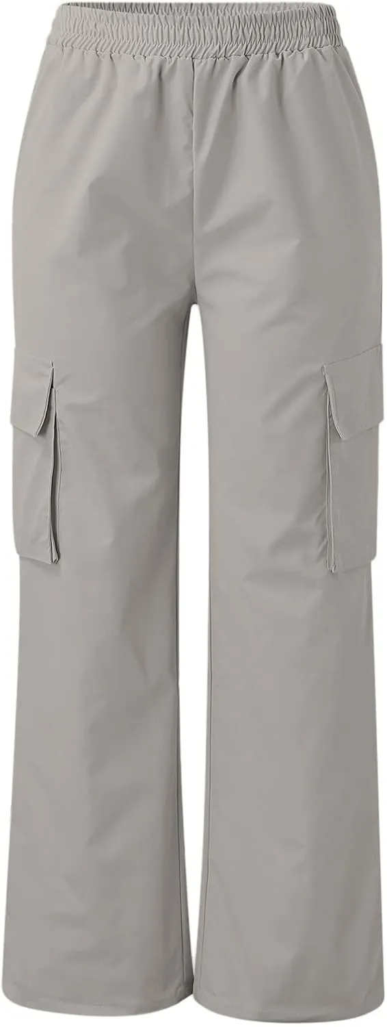 Women's Cargo Pants Y2K Elastic High Waist Straight Parachute Pants Solid Fashion Wide Leg Baggy Trousers with Large Pockets