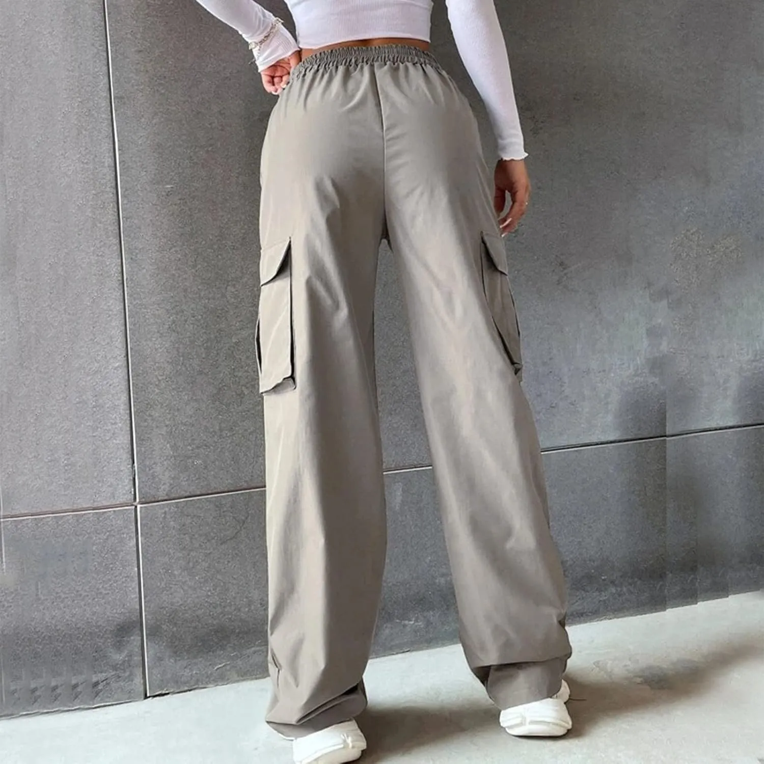 Women's Cargo Pants Y2K Elastic High Waist Straight Parachute Pants Solid Fashion Wide Leg Baggy Trousers with Large Pockets