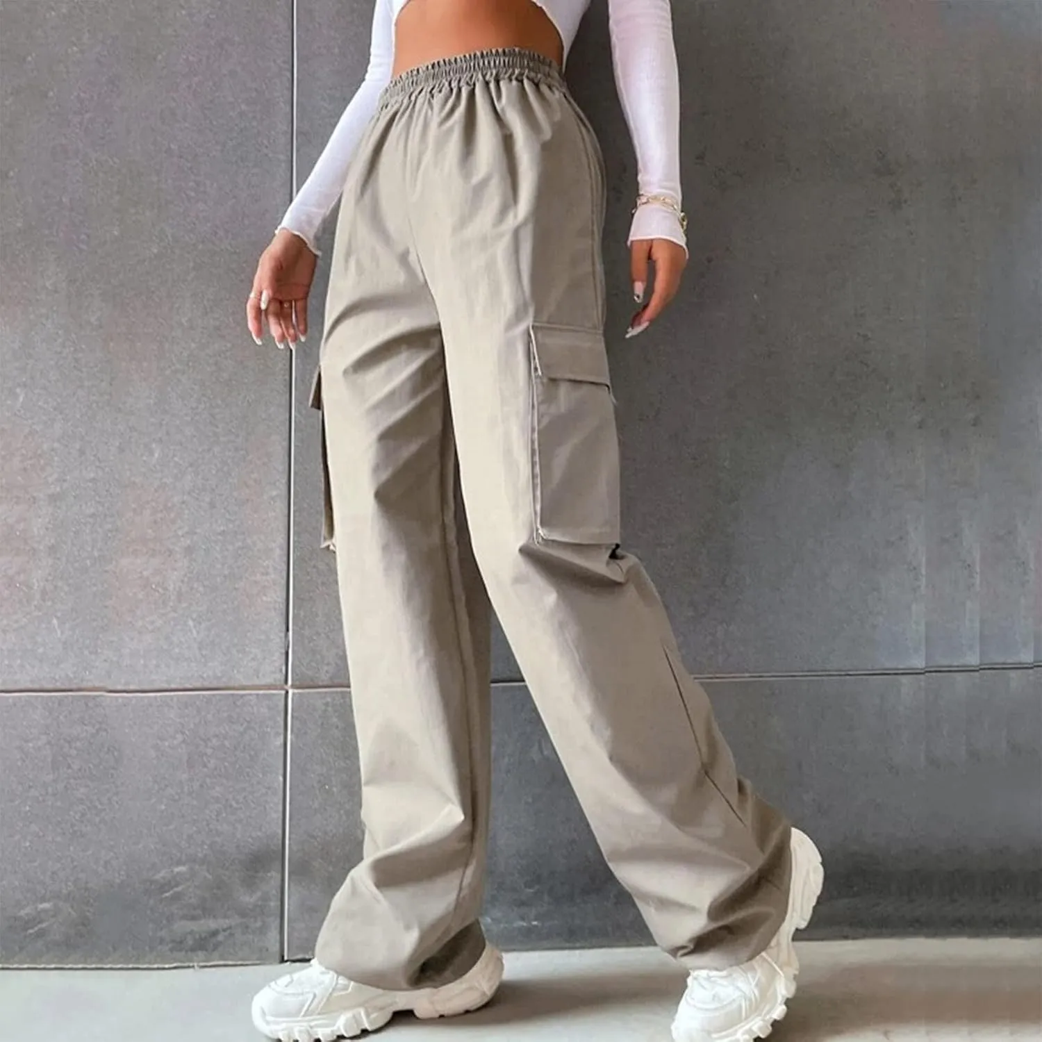 Women's Cargo Pants Y2K Elastic High Waist Straight Parachute Pants Solid Fashion Wide Leg Baggy Trousers with Large Pockets