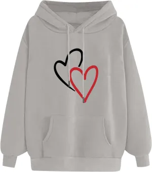 Women's Drawstring Hoodie Long Sleeve Heart Print Cute Pullovers Tops Trendy Kangaroo Pocket Casual Sweatshirt