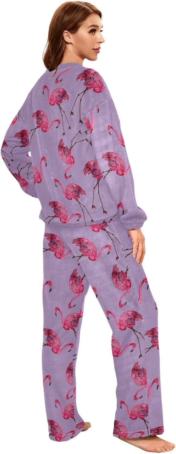 Women's Flamingos Flannel Pajama Set 2 Piece Cozy Pjs Thermal Fuzzy Fleece Lounge Loungewear