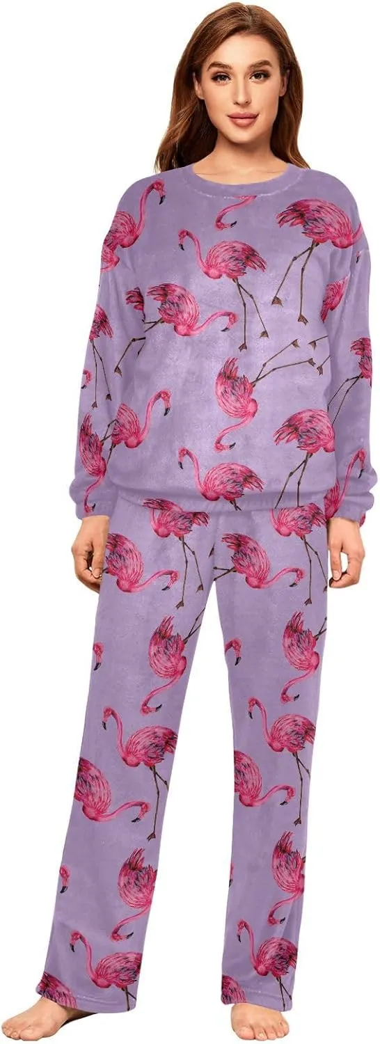 Women's Flamingos Flannel Pajama Set 2 Piece Cozy Pjs Thermal Fuzzy Fleece Lounge Loungewear