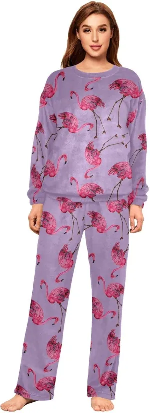 Women's Flamingos Flannel Pajama Set 2 Piece Cozy Pjs Thermal Fuzzy Fleece Lounge Loungewear