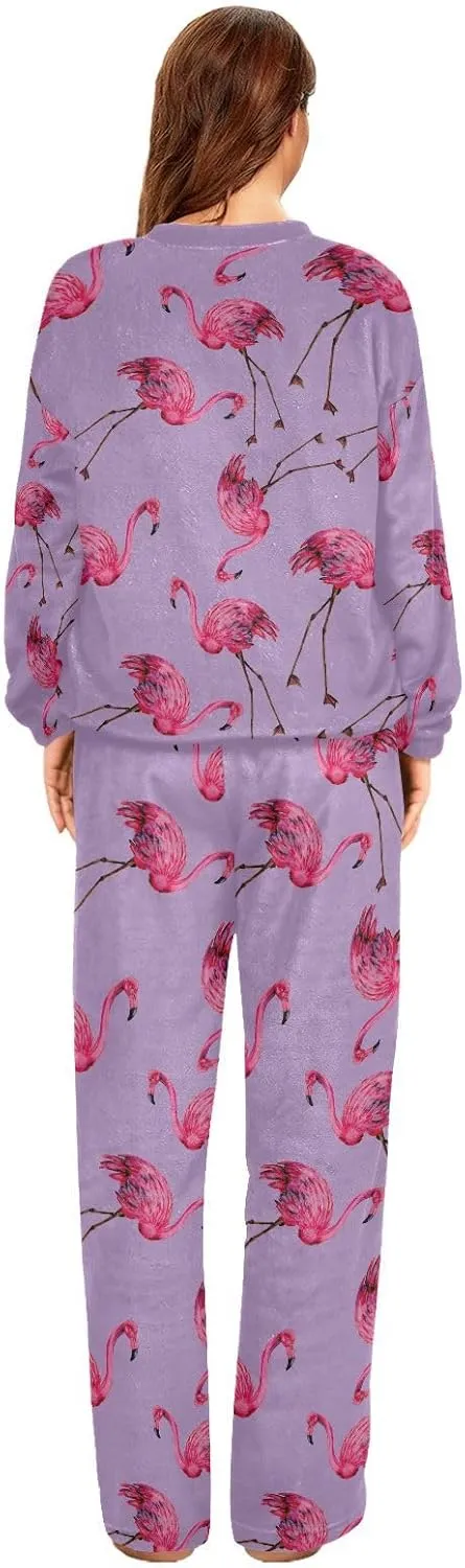 Women's Flamingos Flannel Pajama Set 2 Piece Cozy Pjs Thermal Fuzzy Fleece Lounge Loungewear
