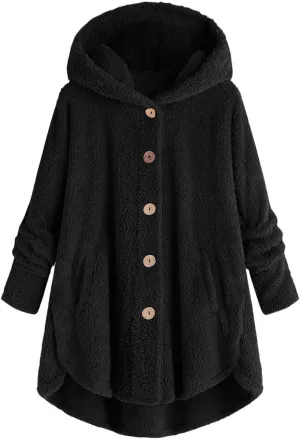 Womens Fleece Jackets Winter Hooded Coats 2024 Trendy Oversized Button Down Cardigan Sweater Warm Sweatshirt with Pocket