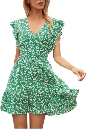 Womens Mini V Neck Floral Dresses 2024 Stylish Summer Beach Travel Dress Sleeveless Ruffle High Waist Elegant A-Line Sundress