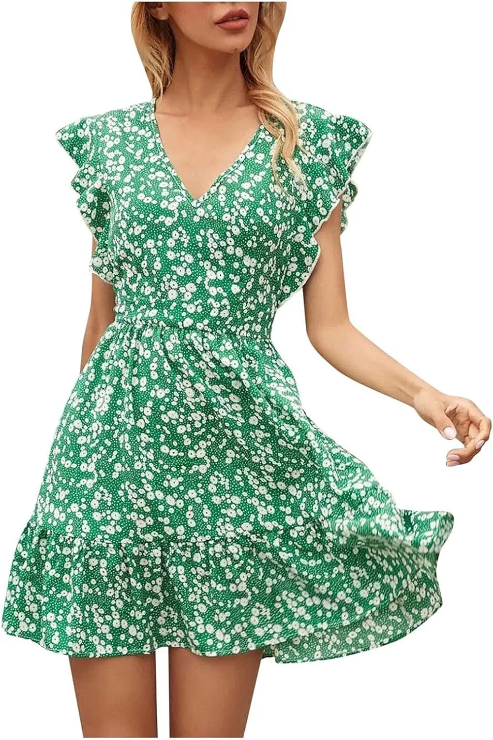 Womens Mini V Neck Floral Dresses 2024 Stylish Summer Beach Travel Dress Sleeveless Ruffle High Waist Elegant A-Line Sundress