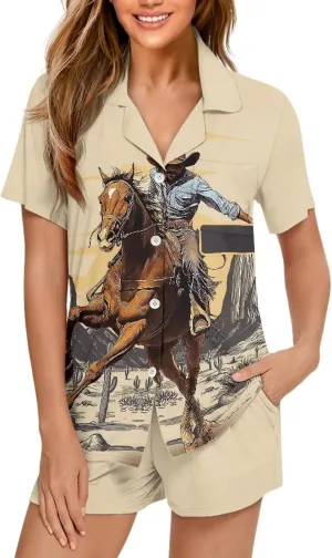 Womens Pajama Sets Short Sleeve Button Down Sleepwear Casual Notch Collar Lounge Set Cozy Pjs Shorts Set 2-Piece