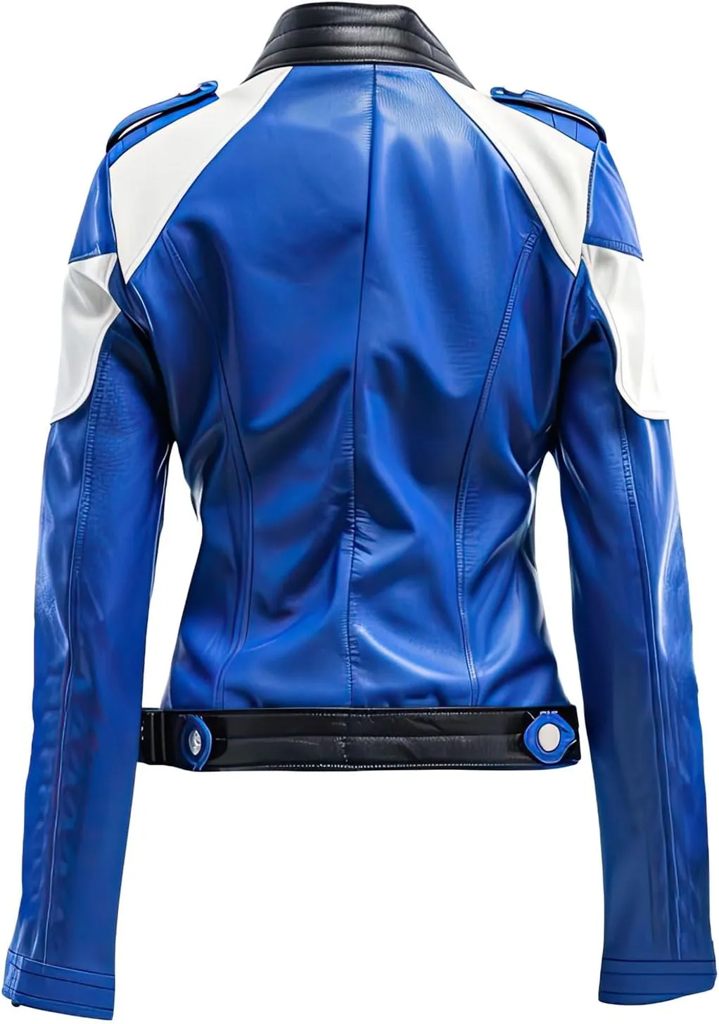 Womens Royal Blue White Genuine Sheepskin Asymmetric Biker Warm Sportswear Stand Collar Slim-fit Casual Racer Leather Jacket