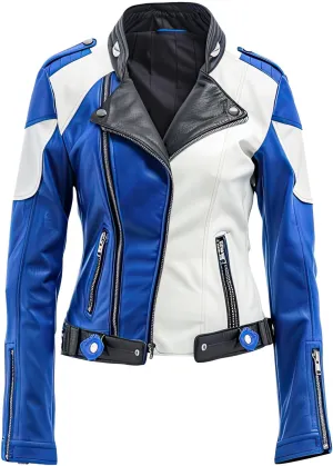 Womens Royal Blue White Genuine Sheepskin Asymmetric Biker Warm Sportswear Stand Collar Slim-fit Casual Racer Leather Jacket