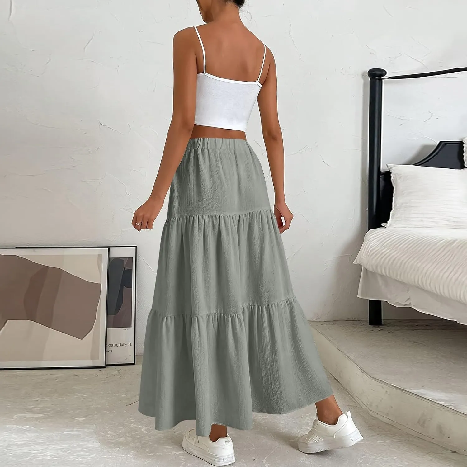Women's Solid Midi Maxi Skirts 2025 Summer Casual A-Line Elastic High Waist Pleated Flowy Long Skirt Date Vacation Outfits