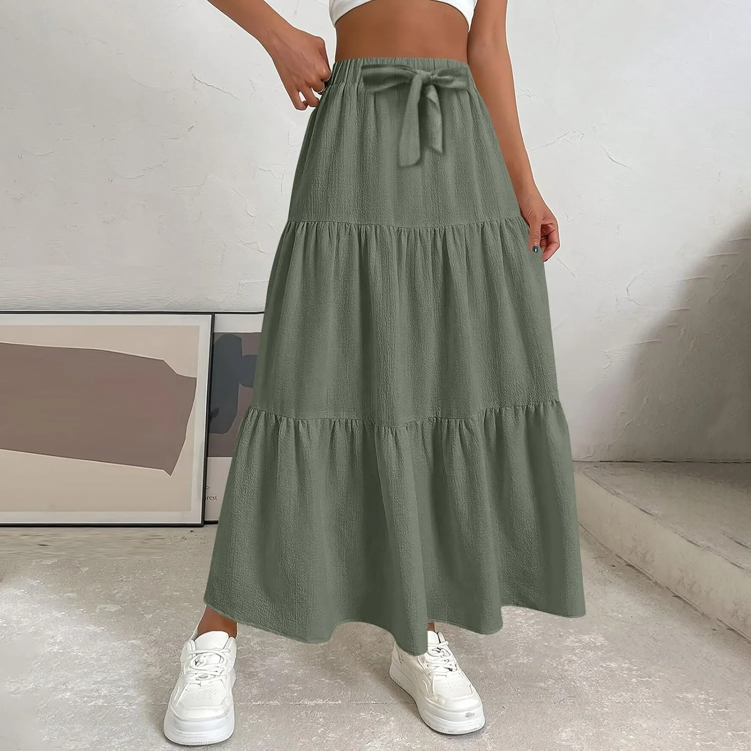 Women's Solid Midi Maxi Skirts 2025 Summer Casual A-Line Elastic High Waist Pleated Flowy Long Skirt Date Vacation Outfits