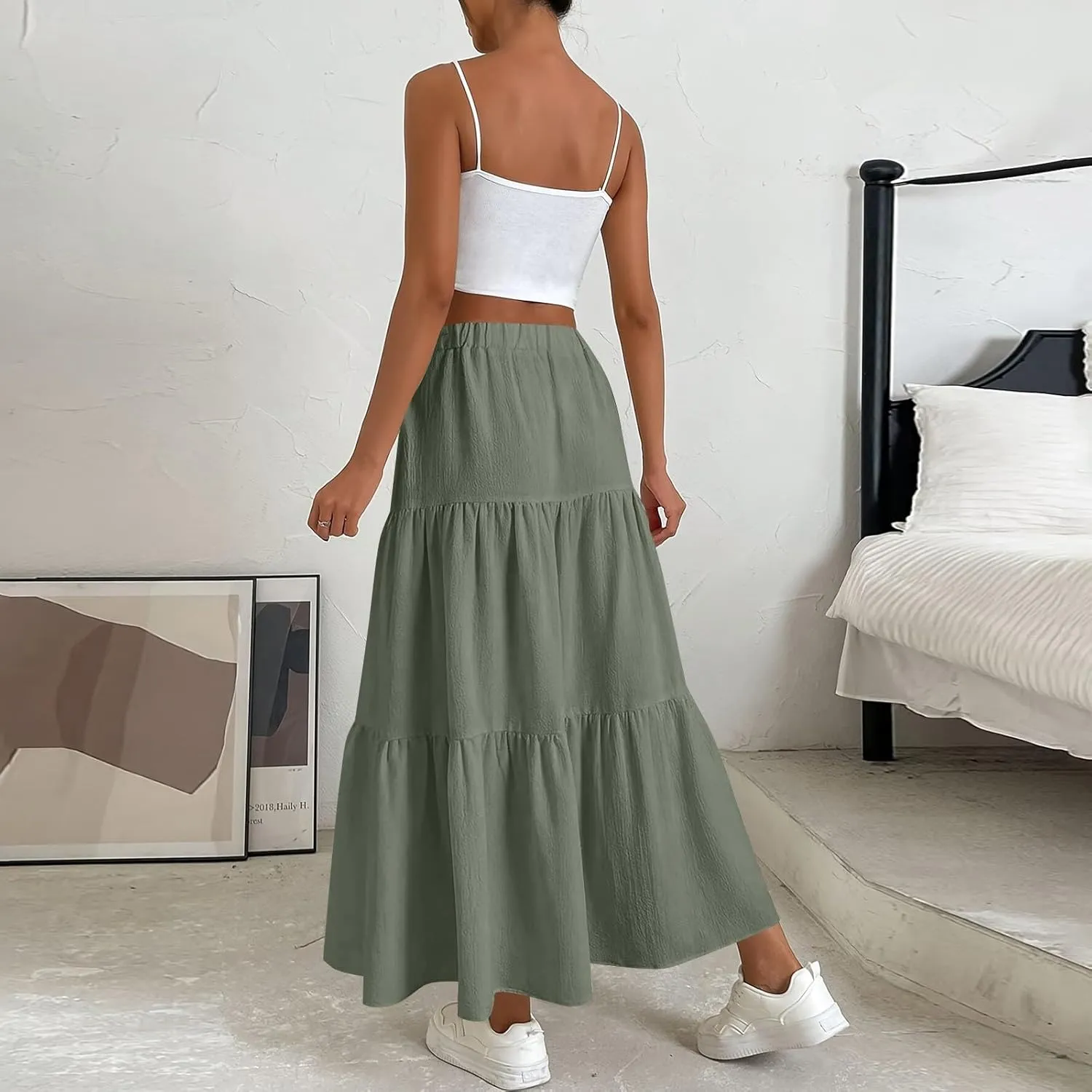 Women's Solid Midi Maxi Skirts 2025 Summer Casual A-Line Elastic High Waist Pleated Flowy Long Skirt Date Vacation Outfits