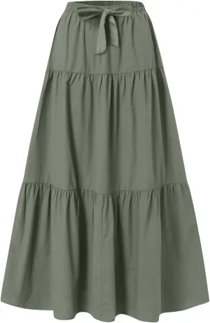 Women's Solid Midi Maxi Skirts 2025 Summer Casual A-Line Elastic High Waist Pleated Flowy Long Skirt Date Vacation Outfits