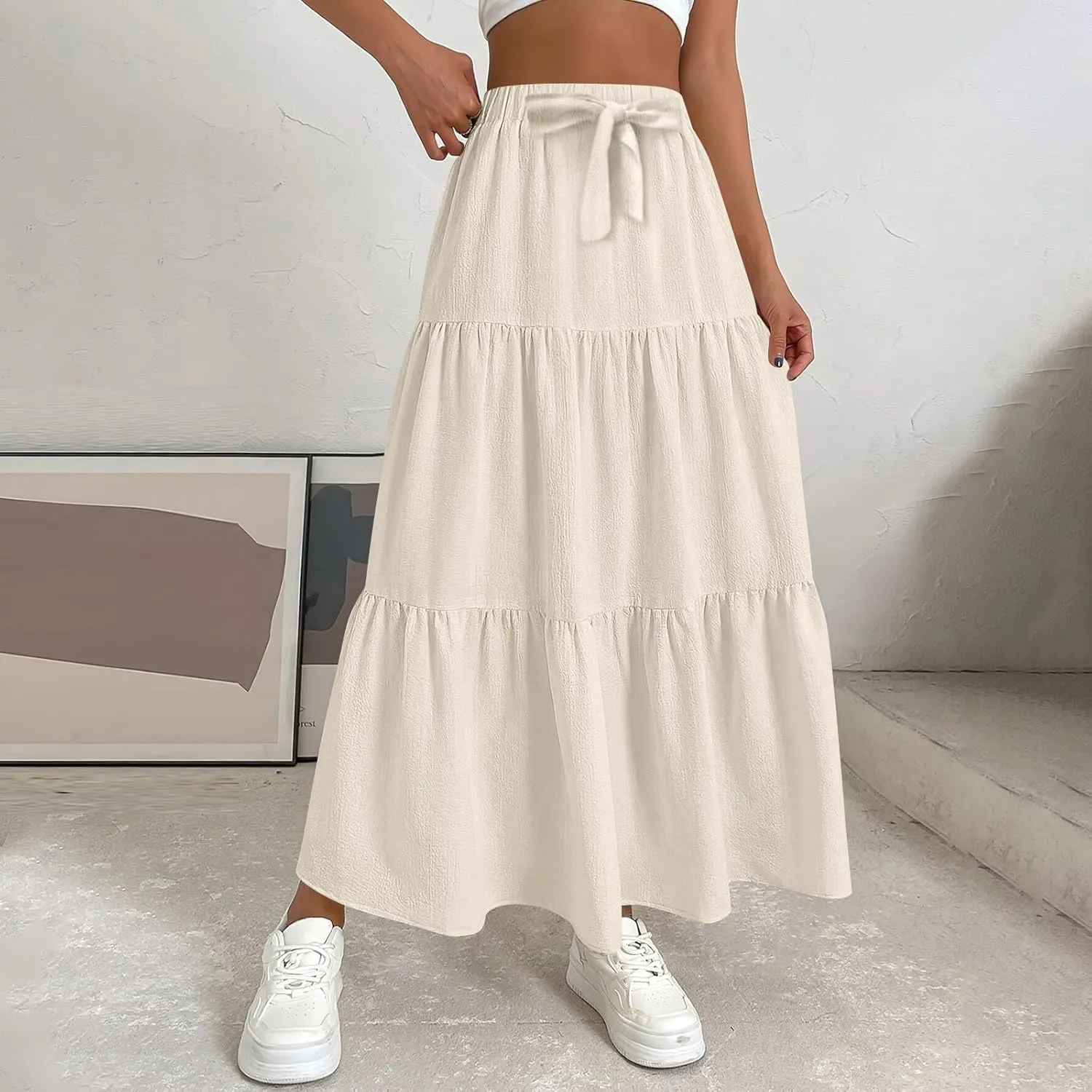 Women's Solid Midi Maxi Skirts 2025 Summer Casual A-Line Elastic High Waist Pleated Flowy Long Skirt Date Vacation Outfits