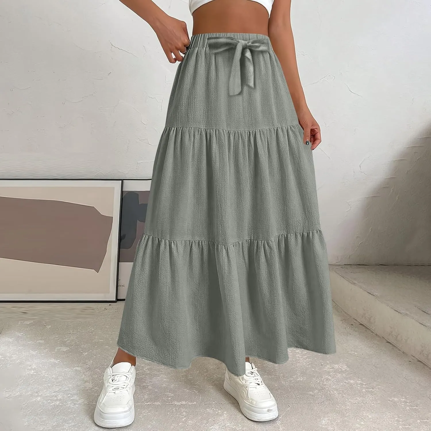 Women's Solid Midi Maxi Skirts 2025 Summer Casual A-Line Elastic High Waist Pleated Flowy Long Skirt Date Vacation Outfits