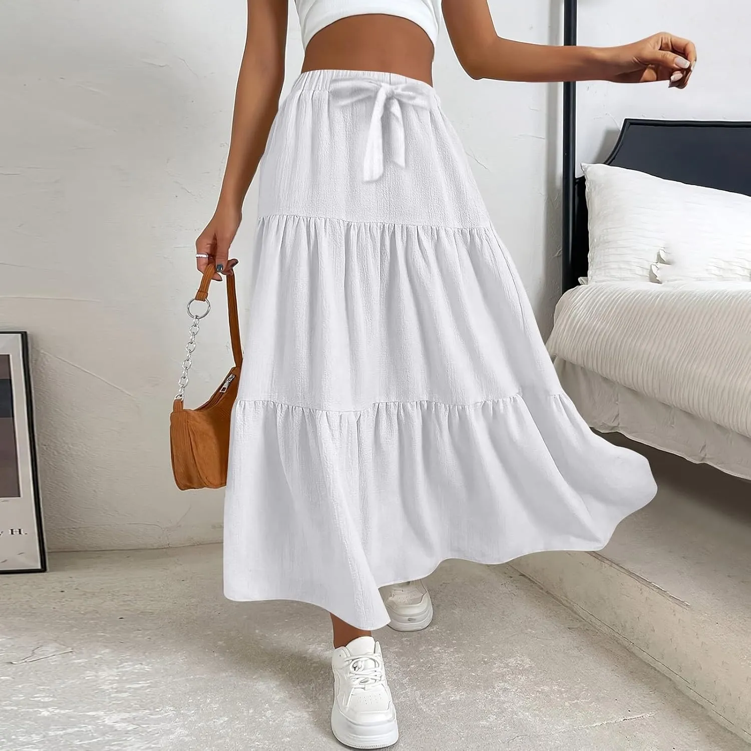 Women's Solid Midi Maxi Skirts 2025 Summer Casual A-Line Elastic High Waist Pleated Flowy Long Skirt Date Vacation Outfits