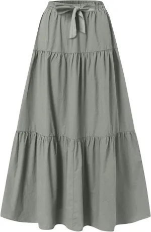 Women's Solid Midi Maxi Skirts 2025 Summer Casual A-Line Elastic High Waist Pleated Flowy Long Skirt Date Vacation Outfits