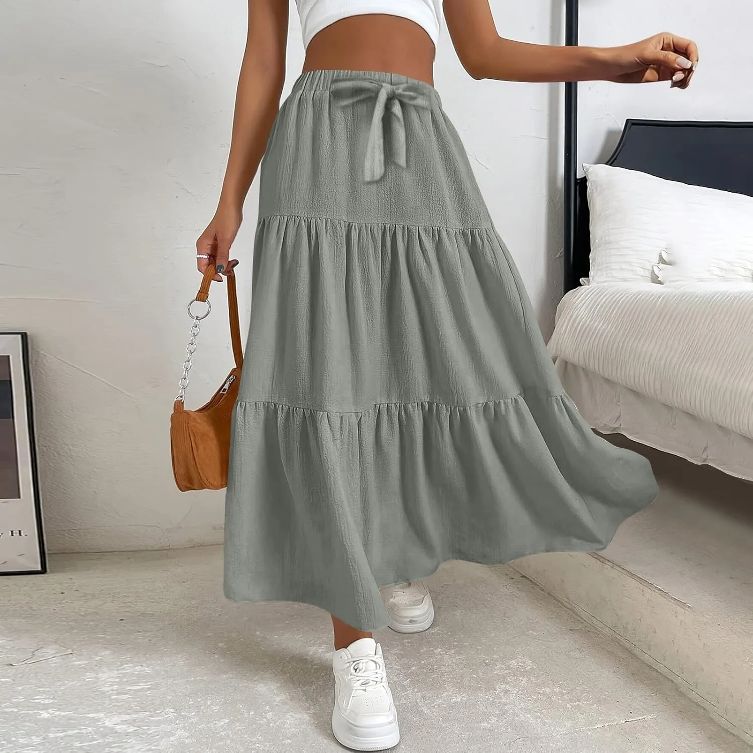 Women's Solid Midi Maxi Skirts 2025 Summer Casual A-Line Elastic High Waist Pleated Flowy Long Skirt Date Vacation Outfits