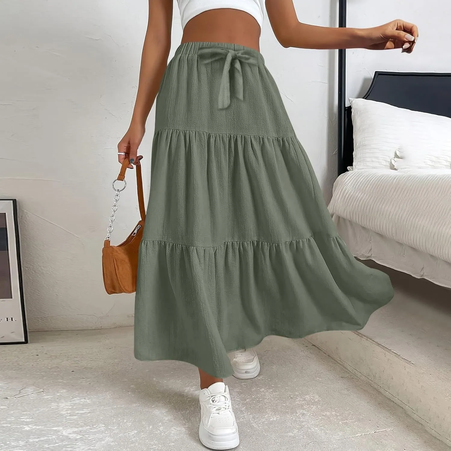 Women's Solid Midi Maxi Skirts 2025 Summer Casual A-Line Elastic High Waist Pleated Flowy Long Skirt Date Vacation Outfits