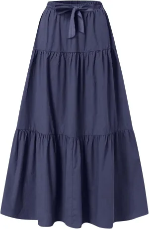Women's Solid Midi Maxi Skirts 2025 Summer Casual A-Line Elastic High Waist Pleated Flowy Long Skirt Date Vacation Outfits