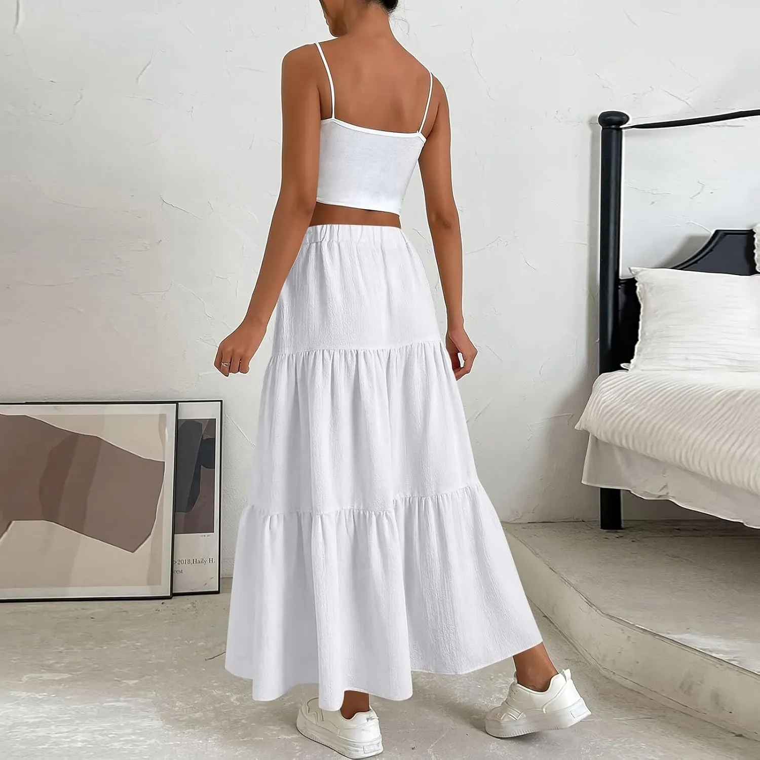 Women's Solid Midi Maxi Skirts 2025 Summer Casual A-Line Elastic High Waist Pleated Flowy Long Skirt Date Vacation Outfits