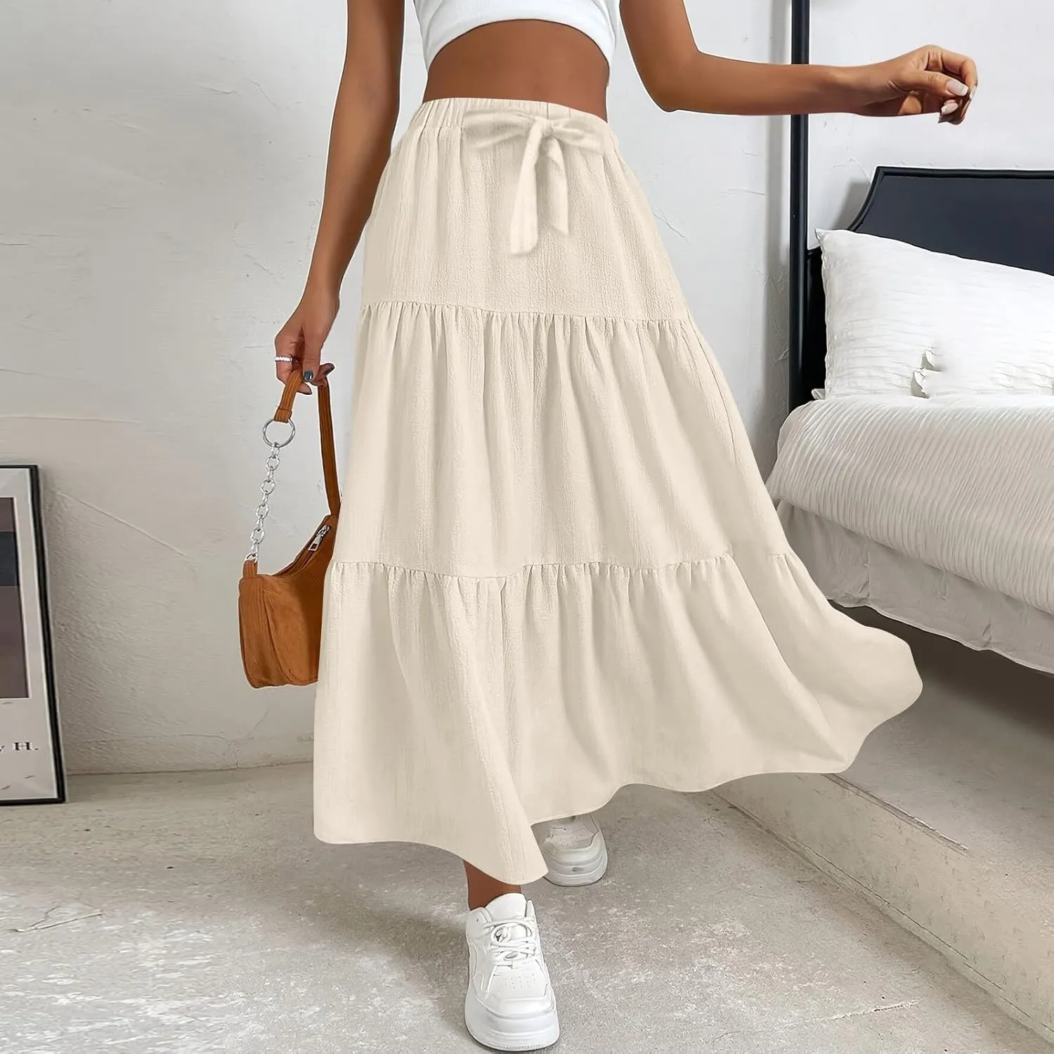 Women's Solid Midi Maxi Skirts 2025 Summer Casual A-Line Elastic High Waist Pleated Flowy Long Skirt Date Vacation Outfits