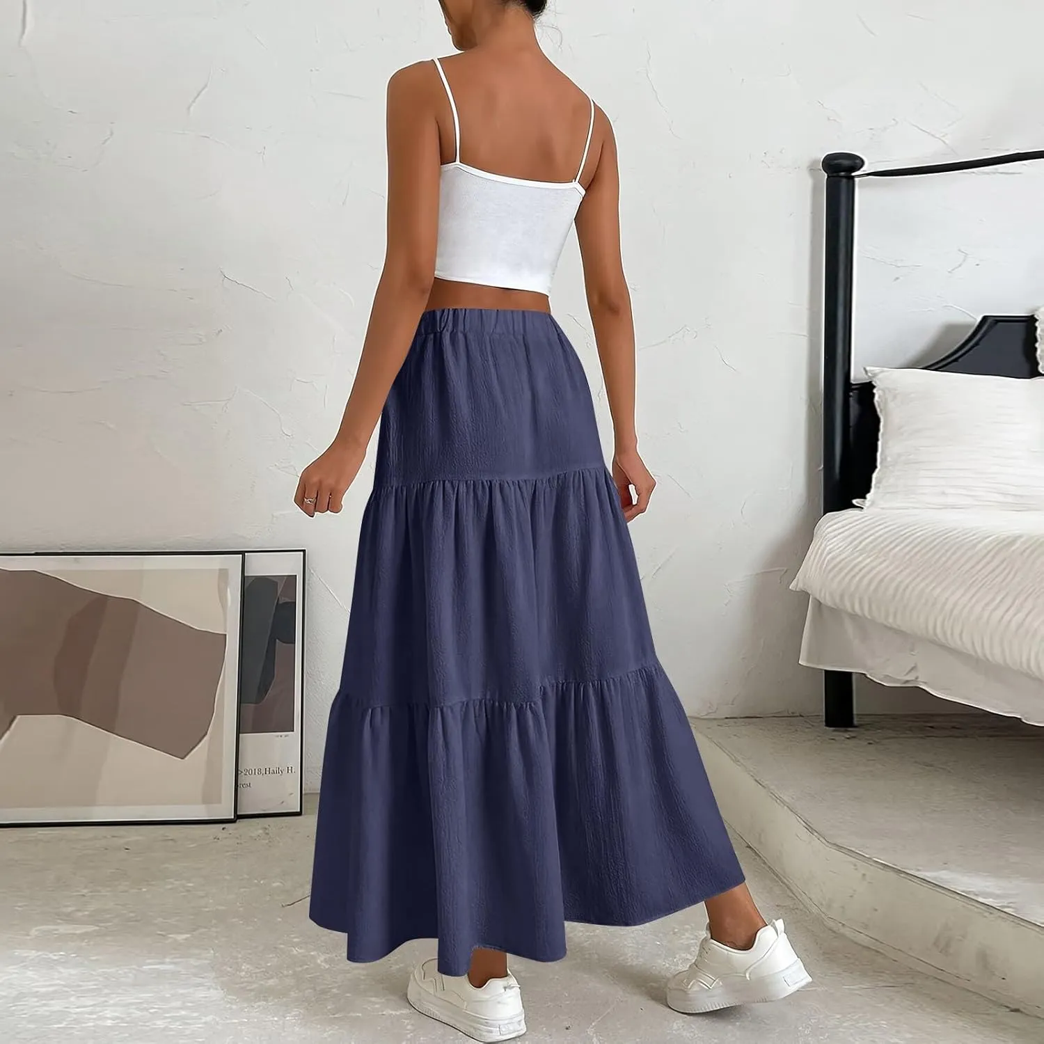 Women's Solid Midi Maxi Skirts 2025 Summer Casual A-Line Elastic High Waist Pleated Flowy Long Skirt Date Vacation Outfits