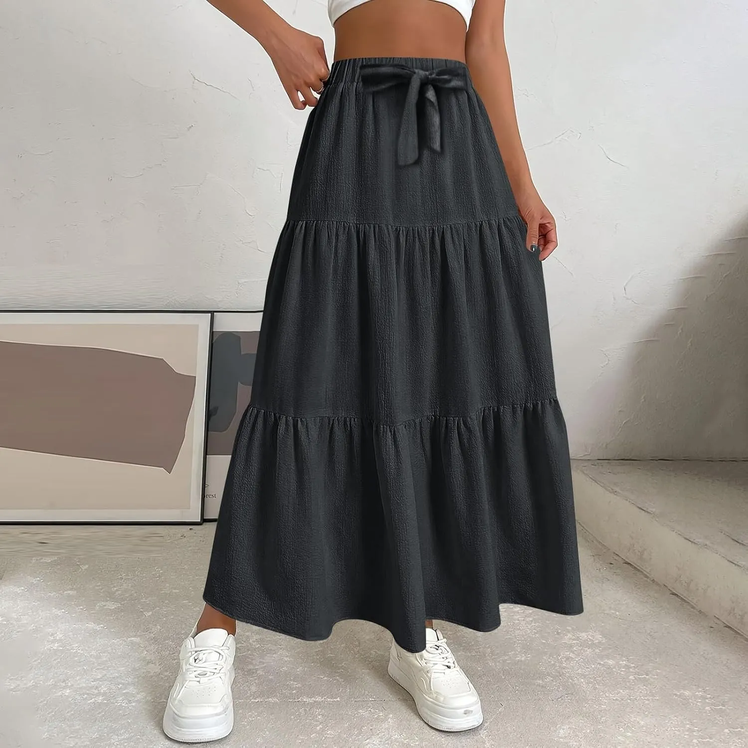 Women's Solid Midi Maxi Skirts 2025 Summer Casual A-Line Elastic High Waist Pleated Flowy Long Skirt Date Vacation Outfits