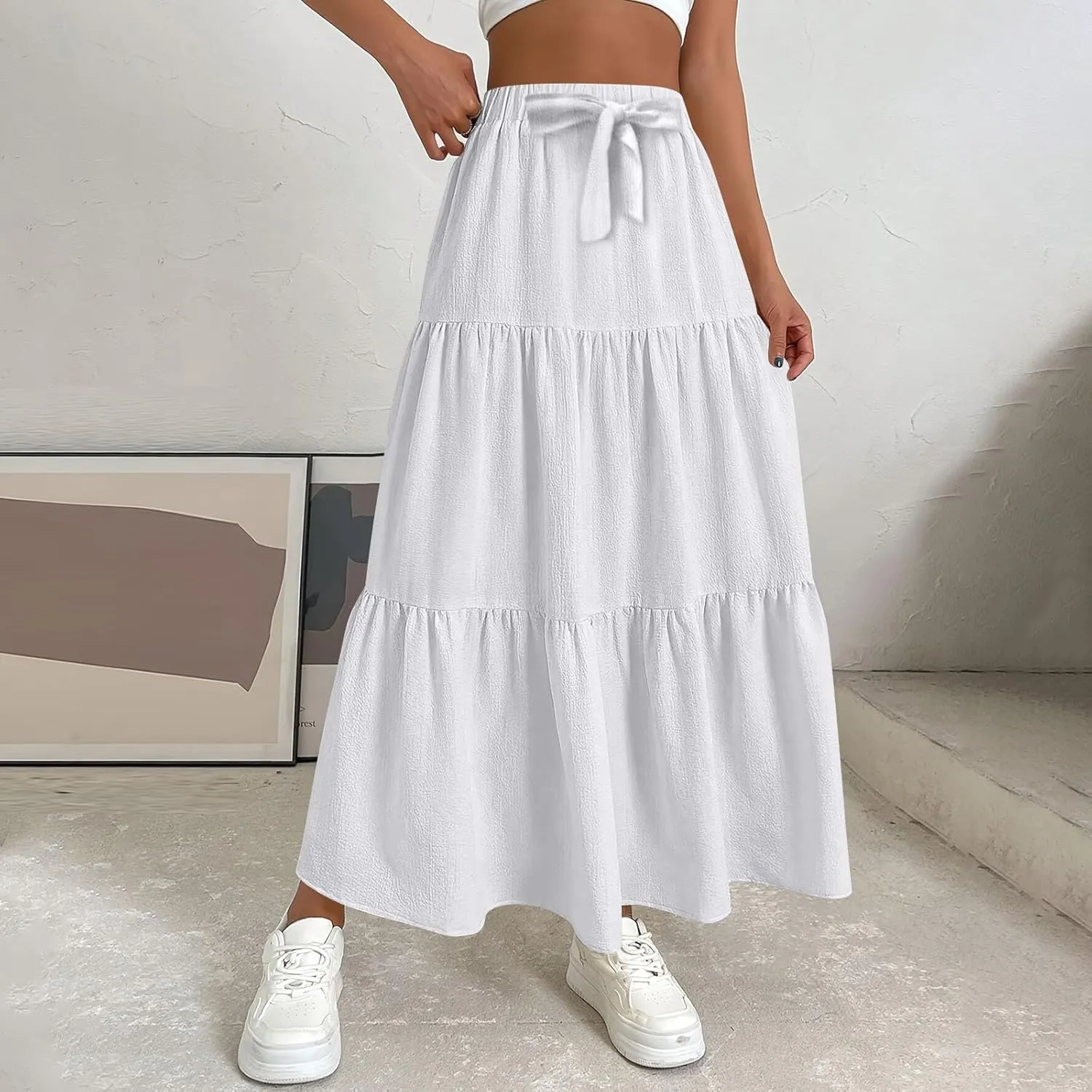 Women's Solid Midi Maxi Skirts 2025 Summer Casual A-Line Elastic High Waist Pleated Flowy Long Skirt Date Vacation Outfits