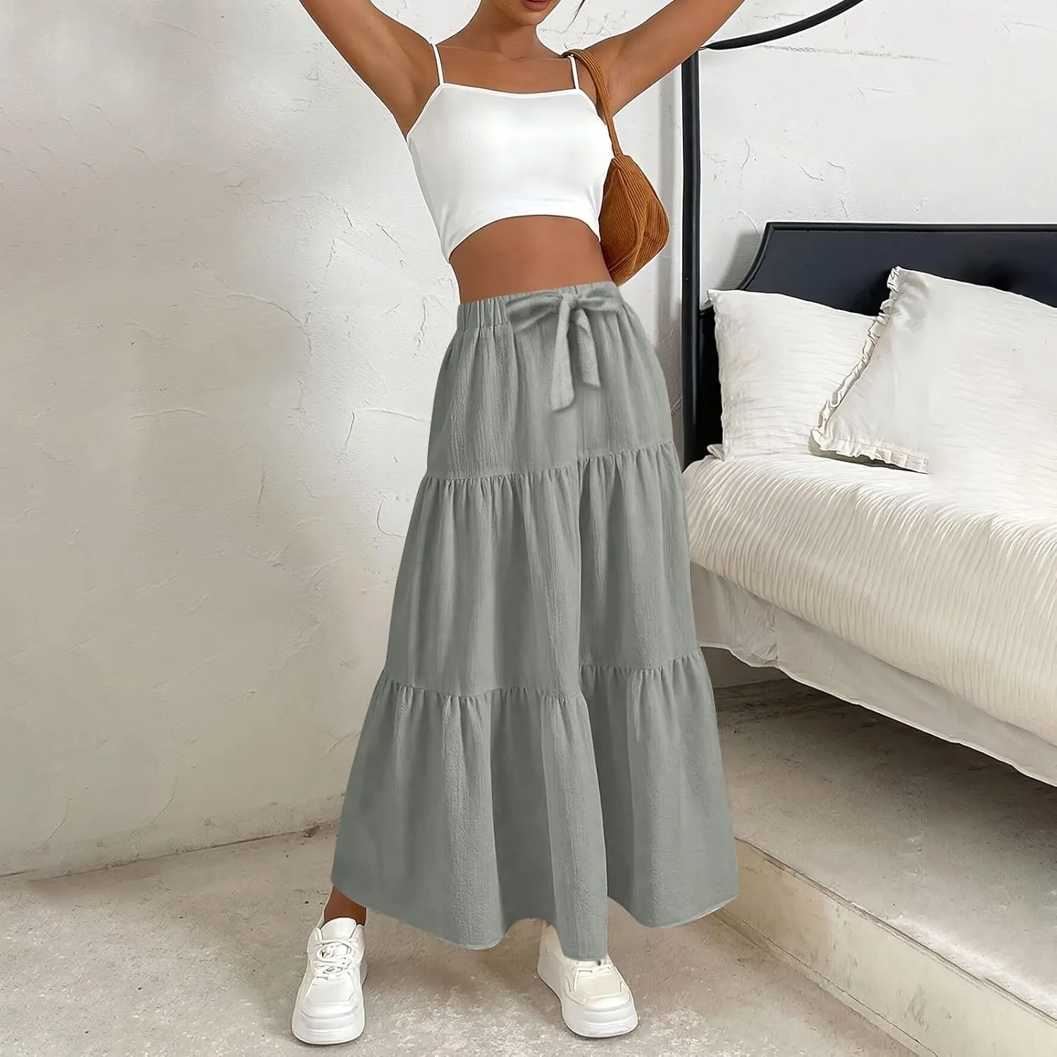 Women's Solid Midi Maxi Skirts 2025 Summer Casual A-Line Elastic High Waist Pleated Flowy Long Skirt Date Vacation Outfits