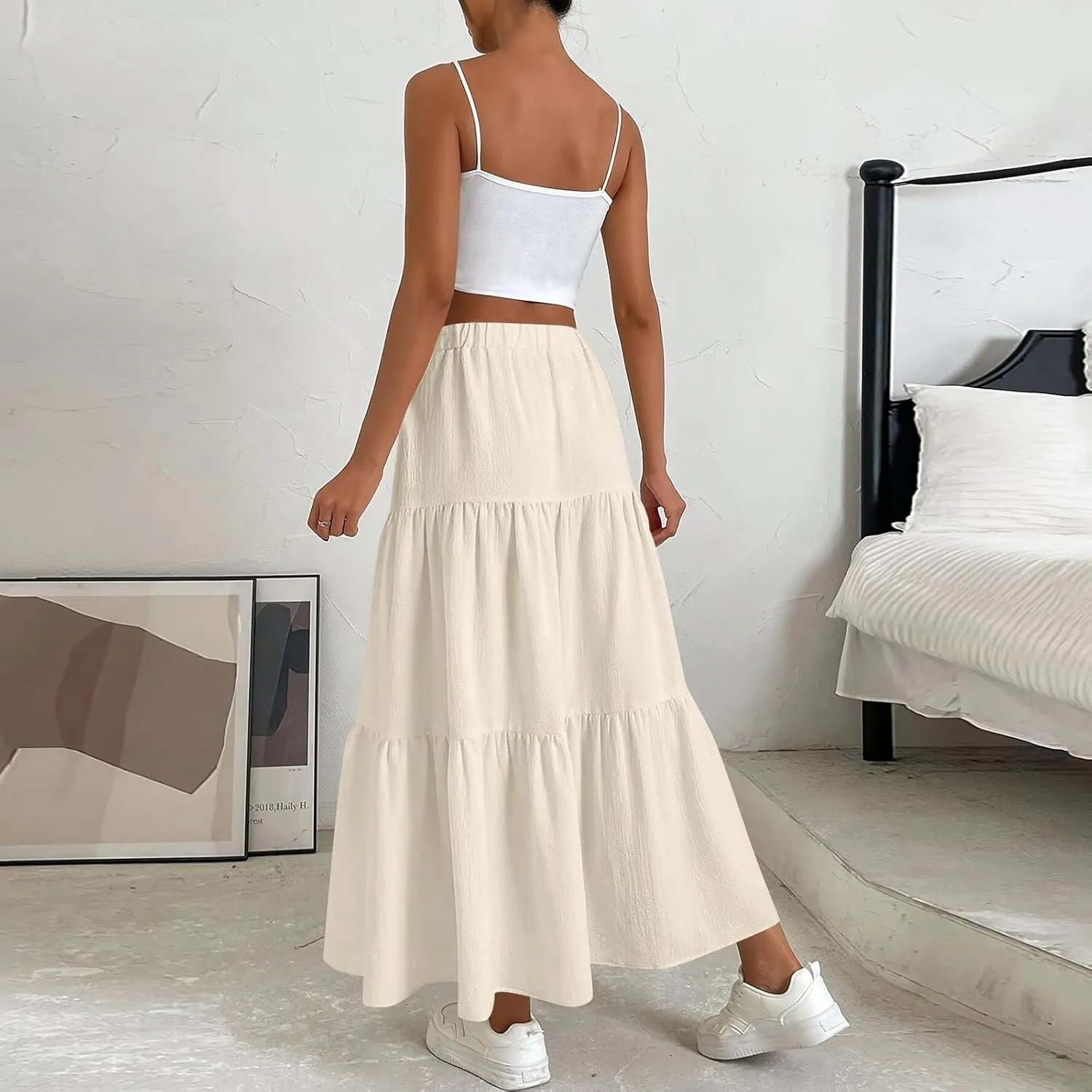 Women's Solid Midi Maxi Skirts 2025 Summer Casual A-Line Elastic High Waist Pleated Flowy Long Skirt Date Vacation Outfits