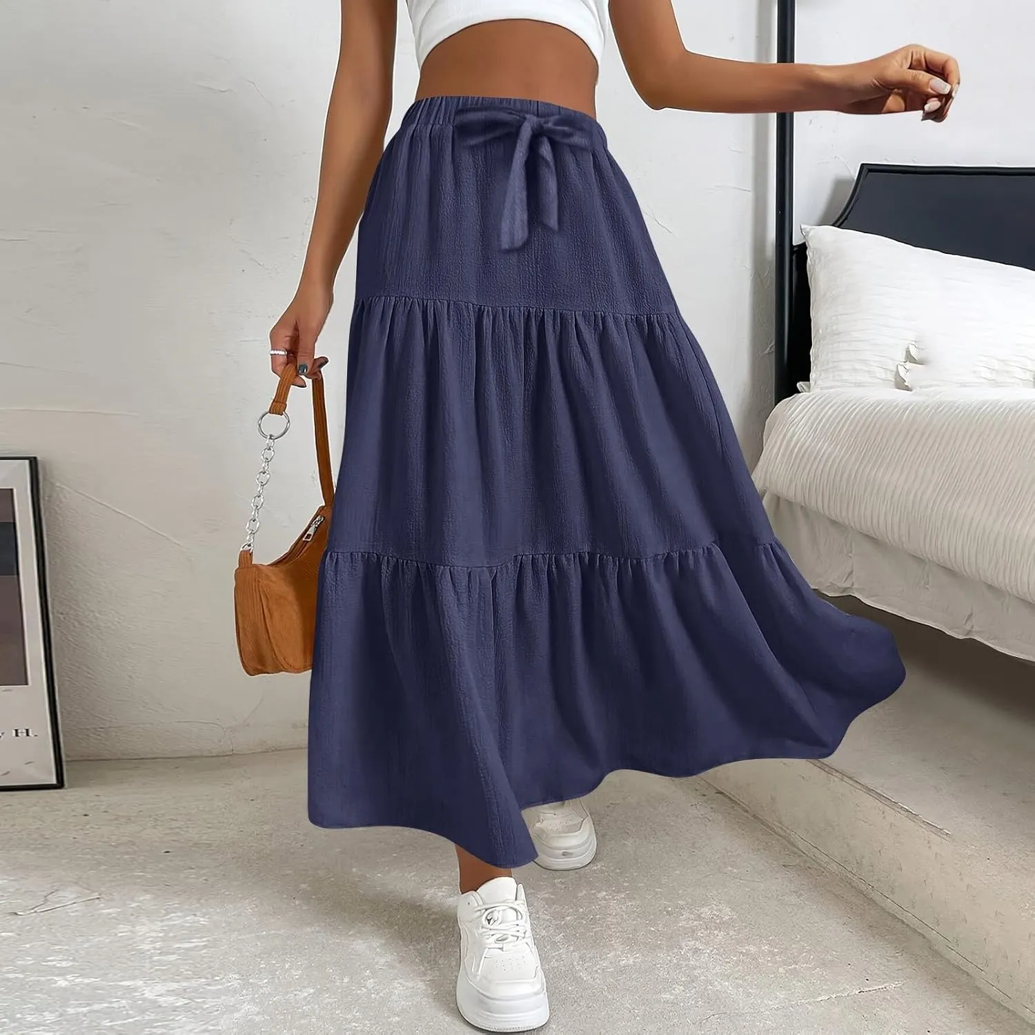 Women's Solid Midi Maxi Skirts 2025 Summer Casual A-Line Elastic High Waist Pleated Flowy Long Skirt Date Vacation Outfits