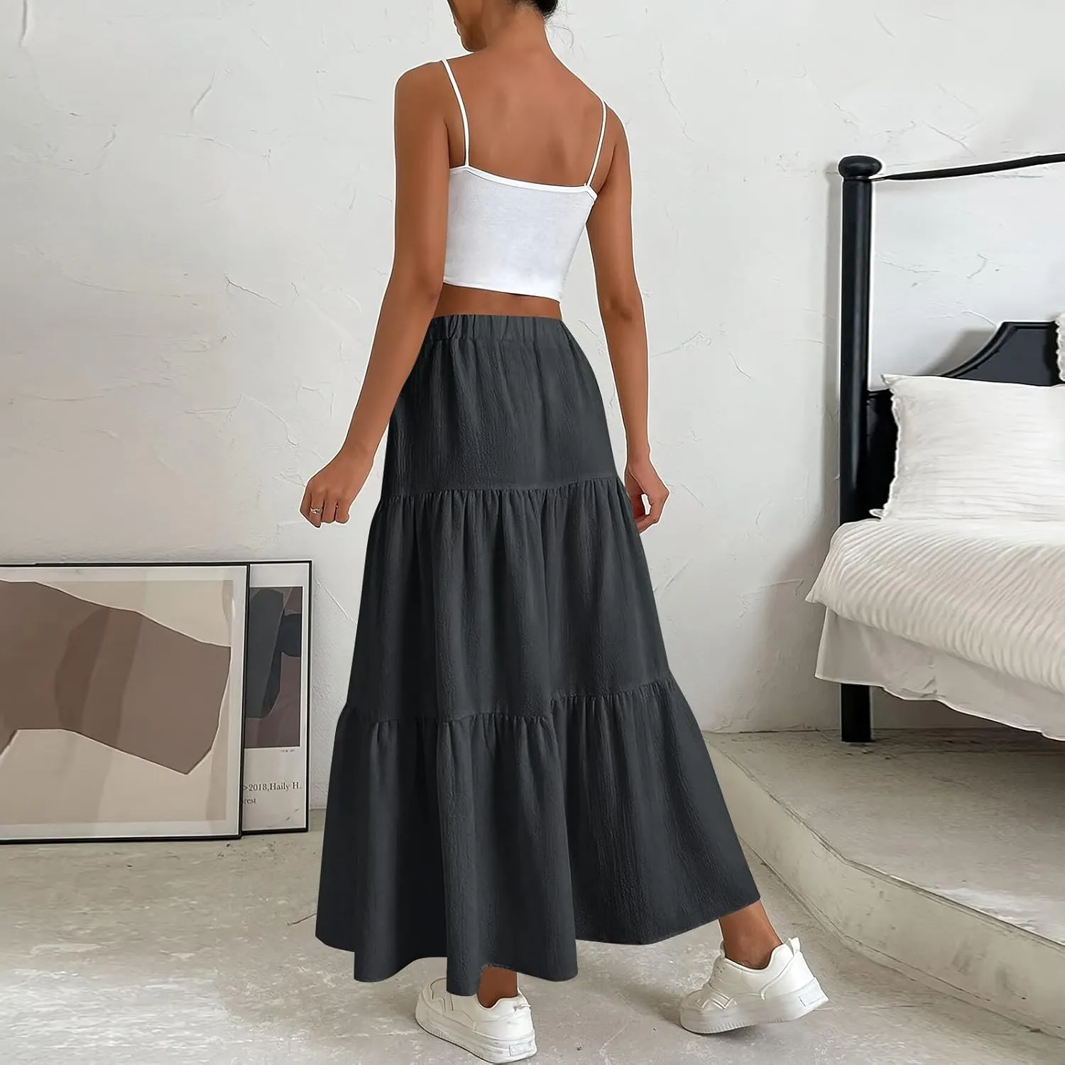 Women's Solid Midi Maxi Skirts 2025 Summer Casual A-Line Elastic High Waist Pleated Flowy Long Skirt Date Vacation Outfits