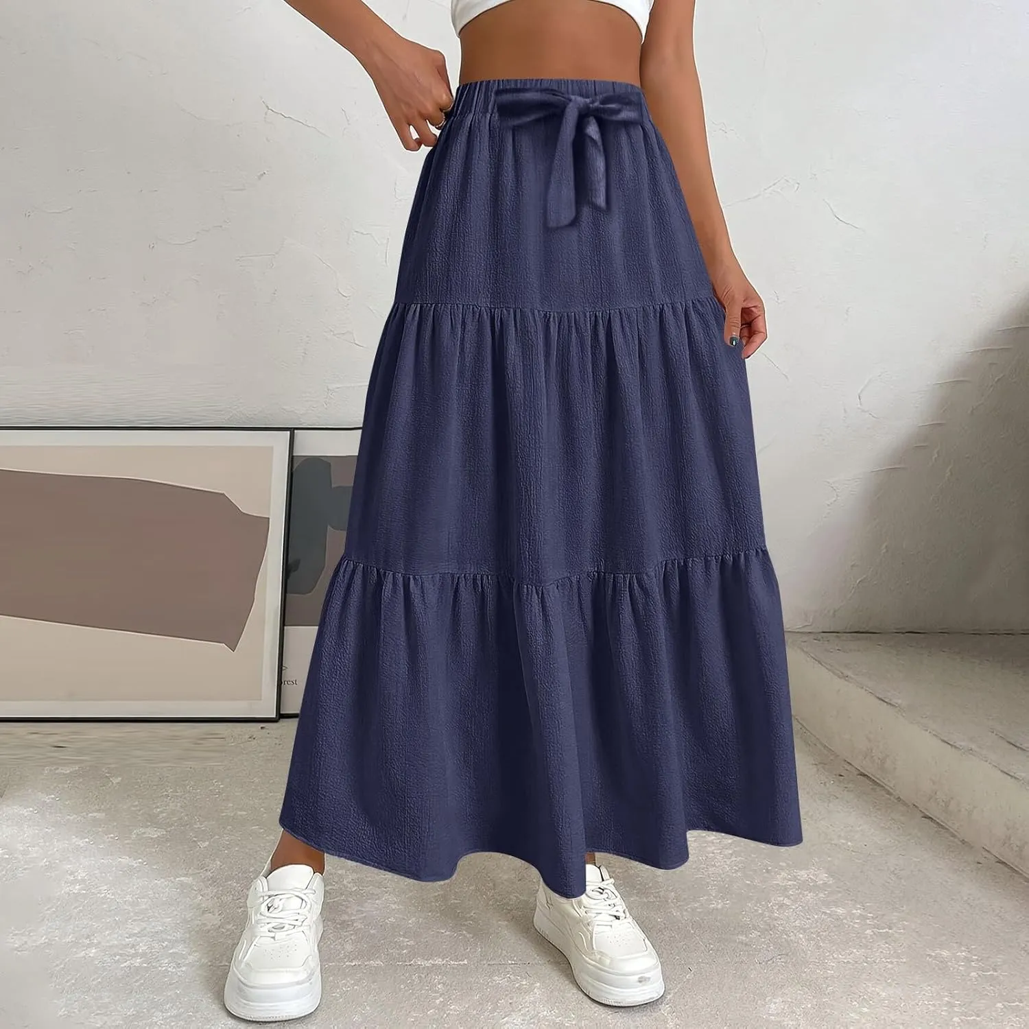 Women's Solid Midi Maxi Skirts 2025 Summer Casual A-Line Elastic High Waist Pleated Flowy Long Skirt Date Vacation Outfits